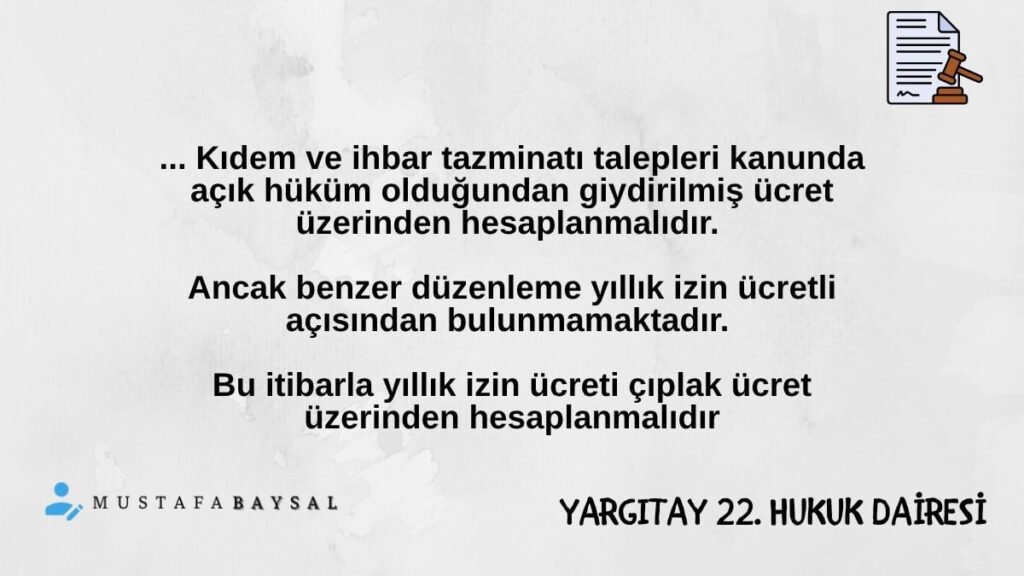 yıllık izin ücreti hesaplaması yargıtay